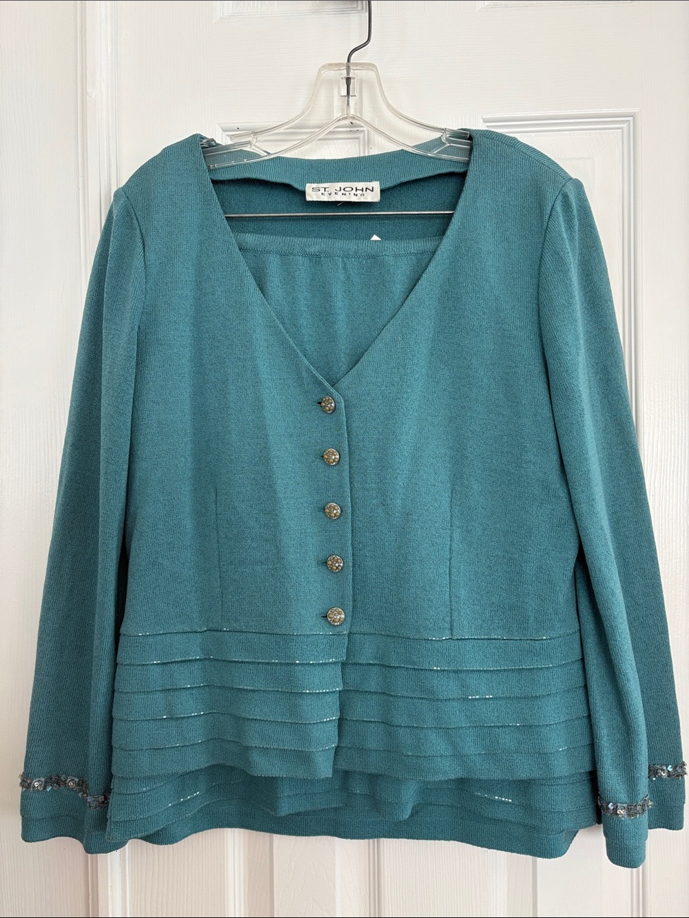 St. John Evening Teal stretch Knit Cardigan sweater & matching skirt set Size 12